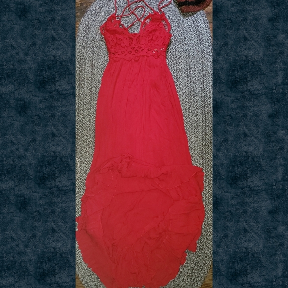 Free People FP ONE Adella Crochet lace gauzy maxi midi dress summer strappy red - Picture 11 of 16